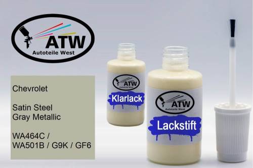 Chevrolet, Satin Steel Gray Metallic, WA464C / WA501B / G9K / GF6: 20ml Lackstift + 20ml Klarlack - Set, von ATW Autoteile West.